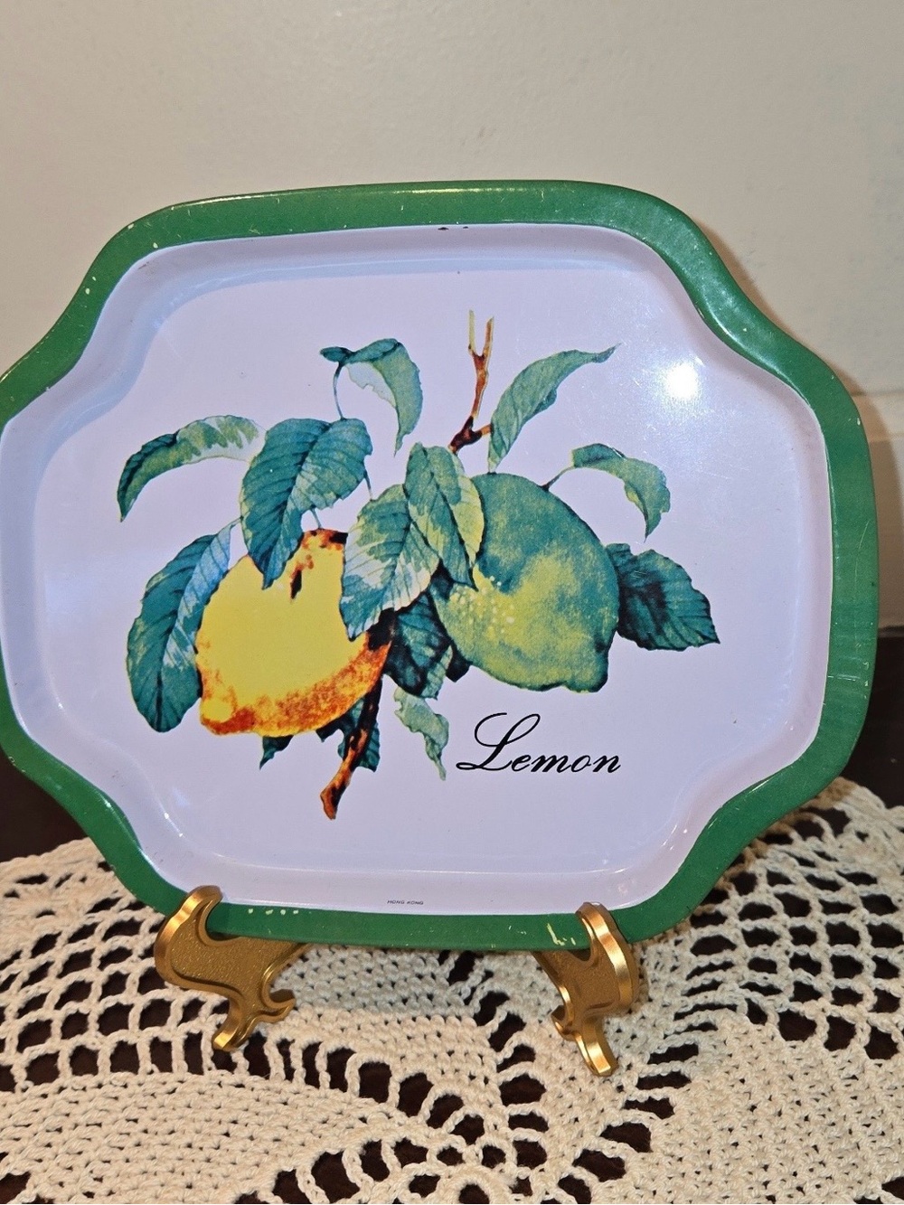 Vintage Green and Yellow Lemon Trinket Tin Tray - Vintage 1970’s